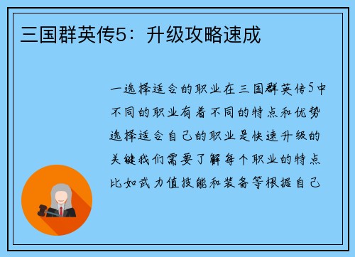 三国群英传5：升级攻略速成